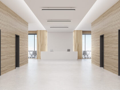 Office,Corridor,With,Four,Doors,And,Reception,Desk,In,The